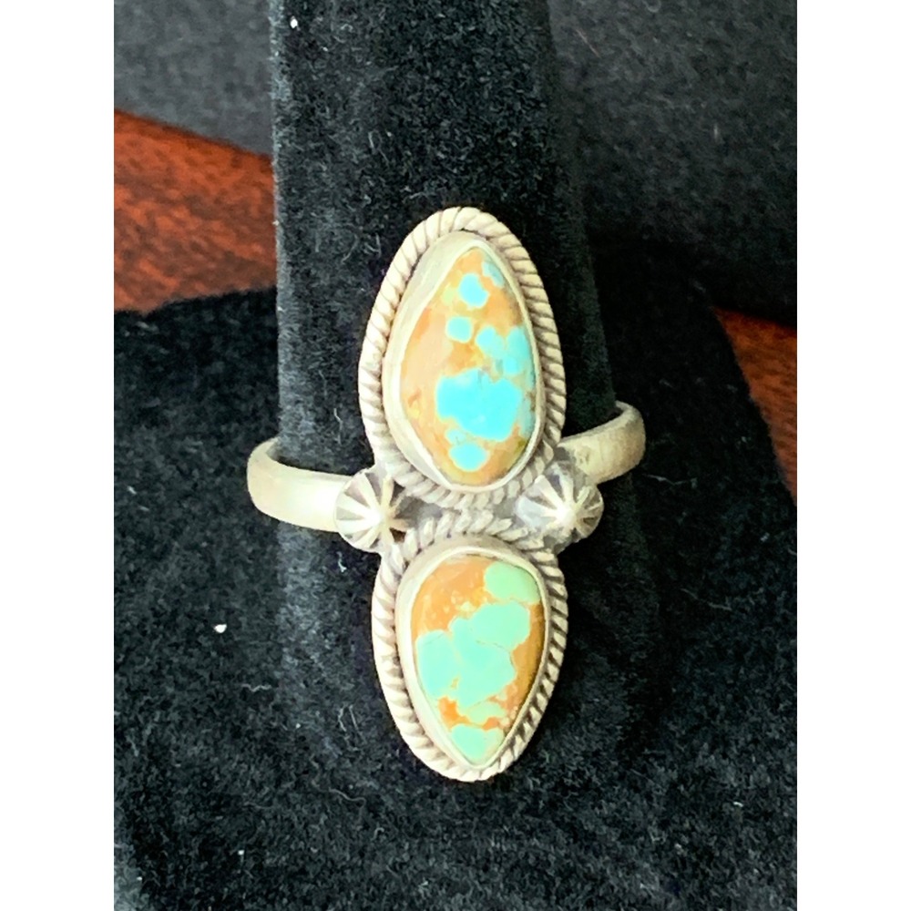 925 Sterling Silver Mine 8 Turquoise Adjustable 2 Stone Ring Southwestern
